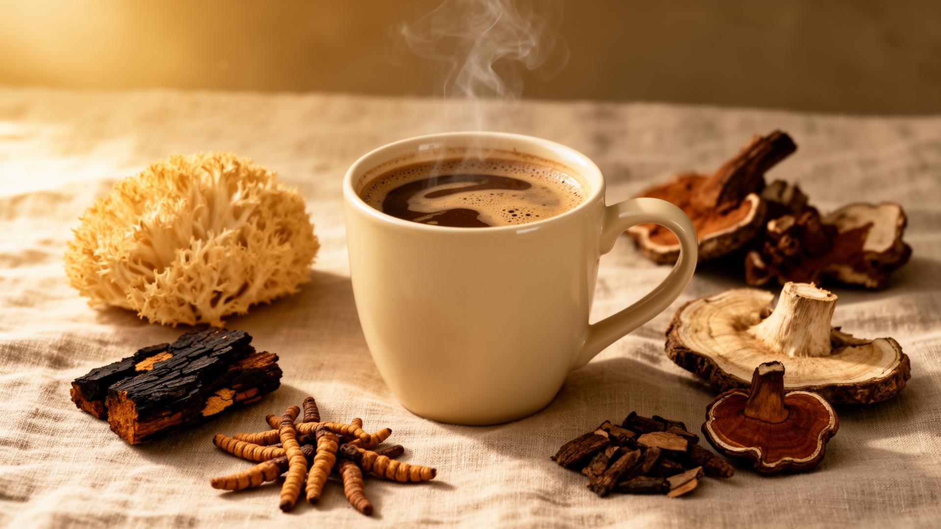 Steaming mug of mushroom coffee surrounded by dried functional mushrooms